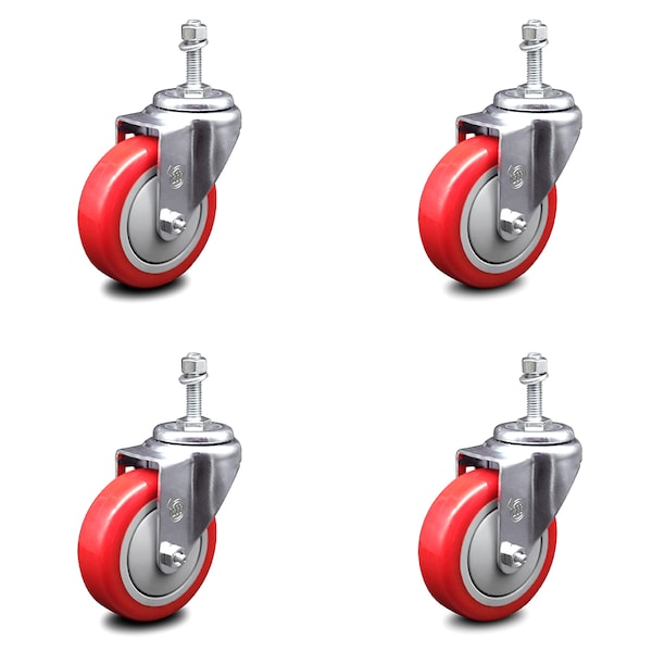 4 Inch Red Polyurethane Wheel Swivel 10mm Threaded Stem Caster Set SCC